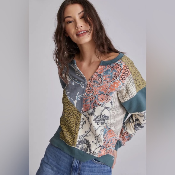 Pilcro Sweaters - NWOT PILCRO PATCHWORK OVERSIZED SPLIT V NECK SWEATER SIZE XL ANTHROPOLOGIE